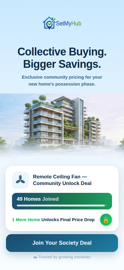 SetMyHub app screenshots showing bulk deals for housing society residents